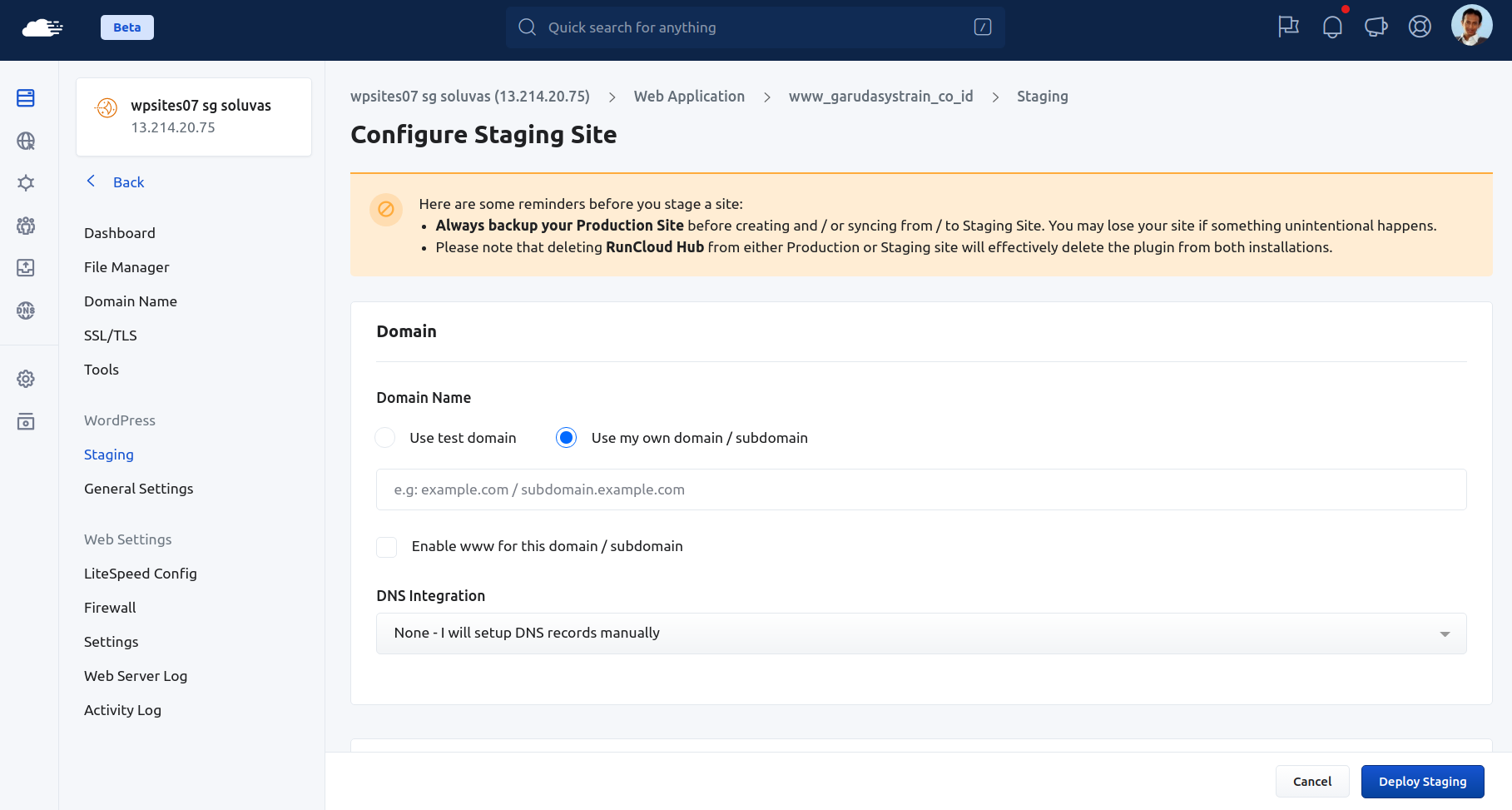 Create a WordPress staging site easily with RunCloud